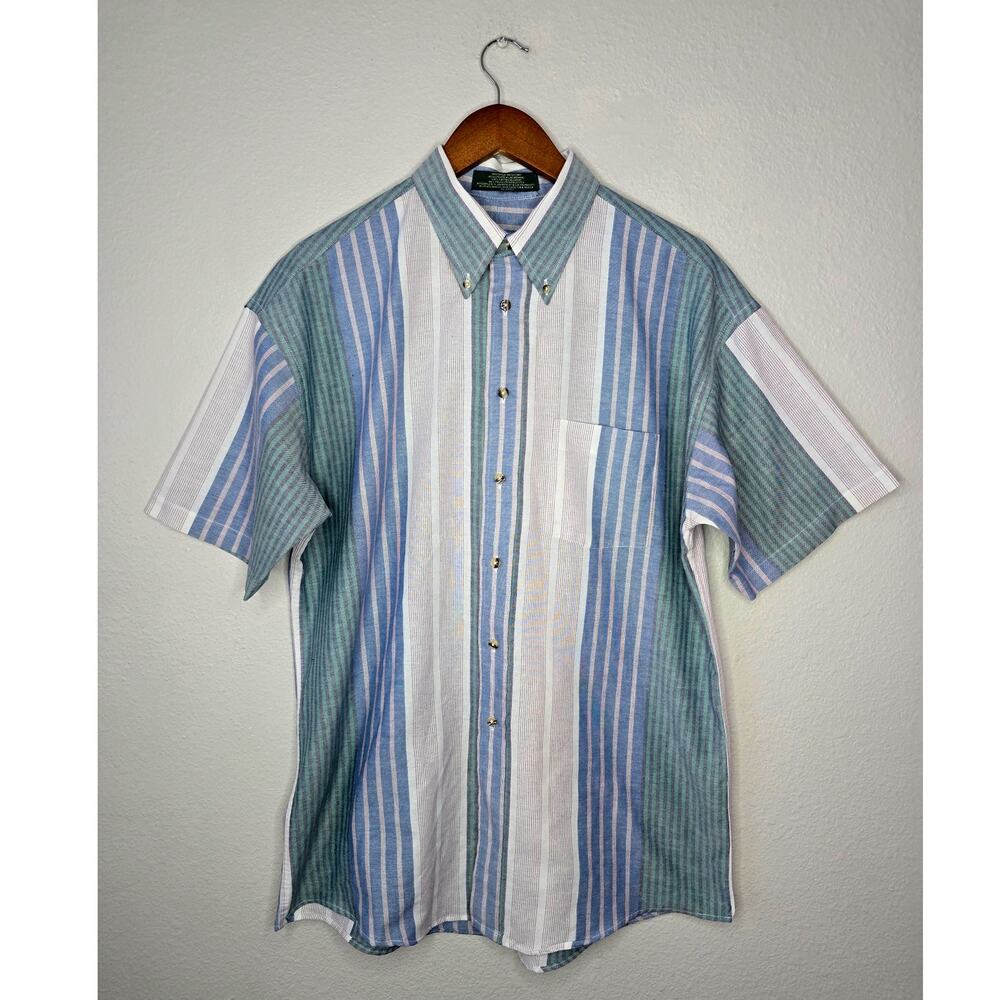 Vintage Colorblock Button Up Shirt Mens L Retro Striped Short Sleeve Button Down